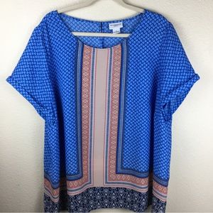 Liz Claiborne Woman 2X Blue Coral Polyester Short Sleeve Blouse Keyhole Back